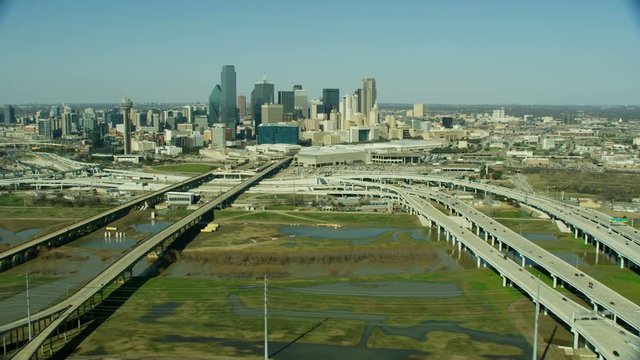 Aerial view freeway and Trinity river financial district