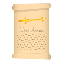 Scroll Papyrus with Spell of Fire Arrow isolated on white background. Vector Illustration for Your Design, Game, Card.