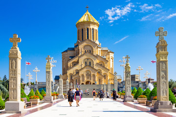 Main view with the stair case and cross pillars columns to Tbilisi Sameba Cathedral Tsminda Holy...