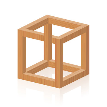 Optical illusion. Impossible or irrational cube, invented by M.C. Escher. Isolated wooden textured vector illustration on white background.