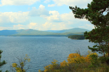 Beautiful view of the lake and the mountains. Background. Landscape.