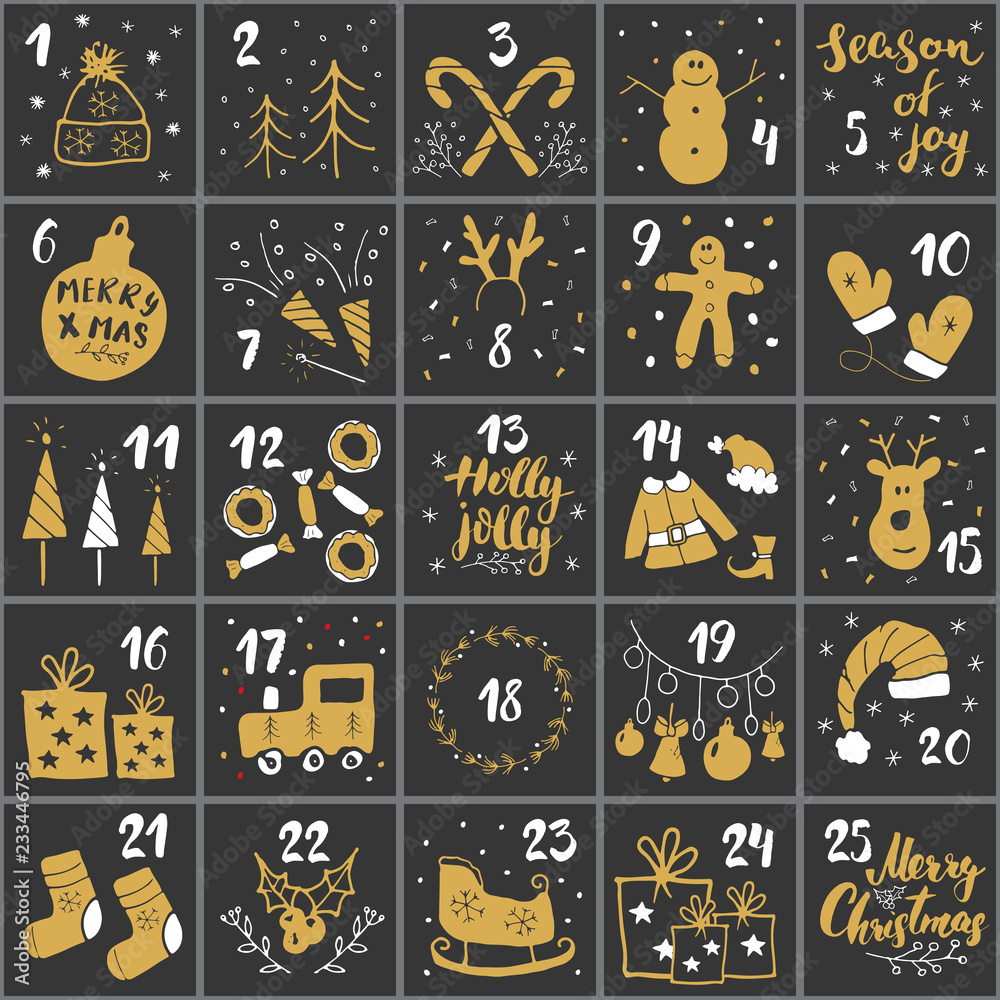 Wall mural christmas advent calendar. hand drawn elements and numbers. winter holidays calendar cards set desig - Wall murals