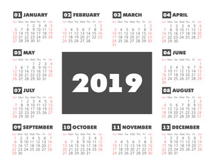 Vector pocket 2019 year calendar
