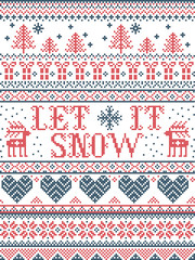 Seamless Christmas pattern Let it Snow Scandinavian  style, inspired by Norwegian Christmas, festive winter  in cross stitch with reindeer, Christmas tree, heart, snowflakes, snow, gifts in red, blue 