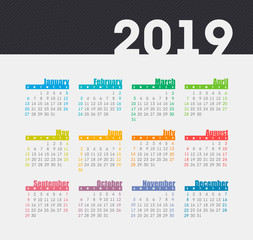 Calendar 2019 year. Week starts from Sunday