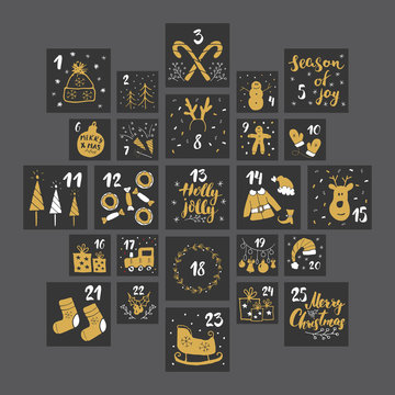 Christmas Advent Calendar. Hand Drawn Elements And Numbers. Winter Holidays Calendar Cards Set Design, Vector Illustration