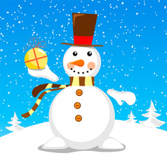 Cute snowman in a top hat and scarf with a gift in hand on a snowy hill