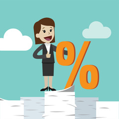 Businesswoman and percent sign. Vector, illustration, flat