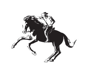 Hand drawn man with revolver riding horse. Western cowboy chase vector illustration. Black isolated on white background