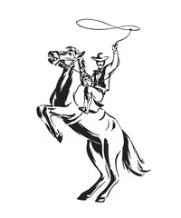 Hand drawn cowboy with lasso on rearing horse. Rodeo vector illustration. Black isolated on white background © Ekaterina