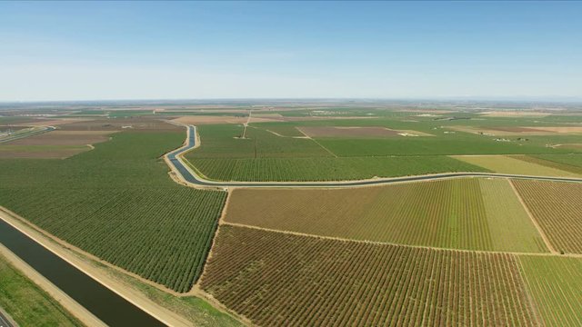 Aerial of San Francisco freeway aqueduct crops fields