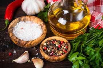  Ingredients for cooking on wooden background.