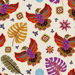 Keuken spatwand met foto Colorful seamless pattern with decorative birds and plants. Nature vector wallpaper for textile, cover, web © sunny_lion