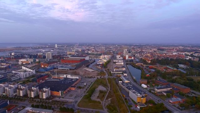 Aerial view of Malmo, Sweden with the harbor, malmo live, malm&radic;&part; museum etc. in 4k
