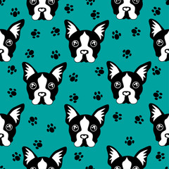 Fototapeta premium Cute kids dog pattern for girls and boys. Colorful dogs, Bulldog on the abstract grunge background create a fun cartoon drawing.The dog pattern is made in white colors. Urban backdrop for textile