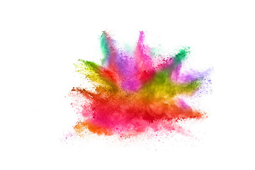 abstract powder splatted background. Colorful powder explosion on white background. Colored cloud. Colorful dust explode. Paint Holi.