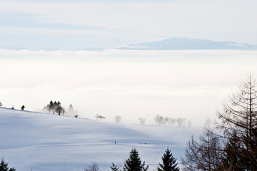 Inversionswetterlage - verschneite Landschaft mit Alpensicht 
