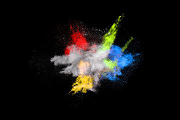abstract colored dust explosion on a black background.abstract powder splatted background,Freeze motion of color powder exploding/throwing color powder, multicolored glitter texture.