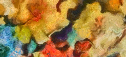 Close up oil paint abstract background. Art textured brushstrokes in macro. Part of painting. Old style artwork. Dirty watercolor texture. Modern pattern. Chaotic splashes. Multi-colors design.