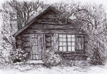 Pen drawing: cabin / house surrounded by trees and shrubs in the woods © Maria