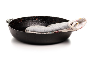 Old dirty fat pan bakery glove Isolation on a white background.