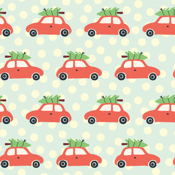 Vector seamless pattern with red car and christmas tree on the roof. Vintage Christmas background with retro cars and Christmas decoration on blue and beige. Holiday art for kids, fabric, gift wrap