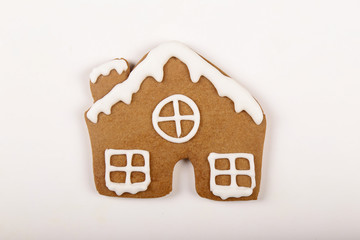 Christmas cookies, gingerbread In the form of a house isolated white background. Christmas background