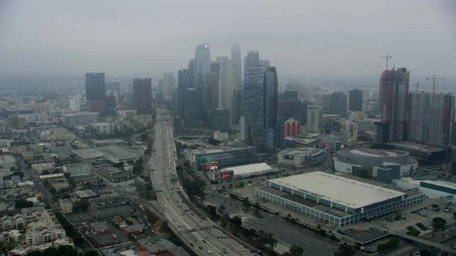 Aerial view vehicle Freeway flyover Los Angeles California