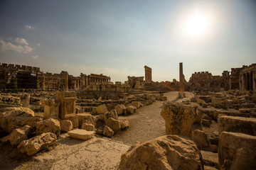 Ruins of Jupiter temple and Great Court of Heliopolis in Baalbek, Bekaa valley Lebanon
