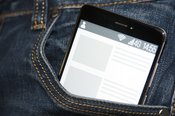 Interface mobile application news blog. Smart phone in pocket