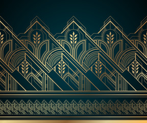 Gold art deco seamless border on dark turquoise background