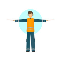 Special worker in reflective clothing showing signals for the aircraft.