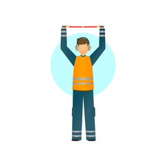 Special worker in reflective clothing showing signals for the aircraft.