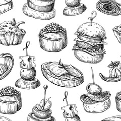 Finger food vector seamless pattern. Food appetizer and snack sk