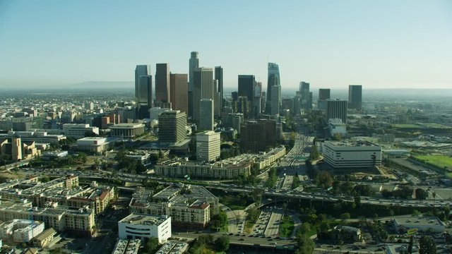 Aerial view Los Angeles city suburbs skyscrapers California