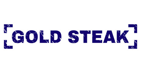 GOLD STEAK text seal imprint with grunge texture. Text title is placed between corners. Blue vector rubber print of GOLD STEAK with grunge texture.