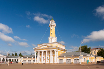 Kostroma, Russia - July 9, 2013: Fire Tower. View of the streets of the old Russian city