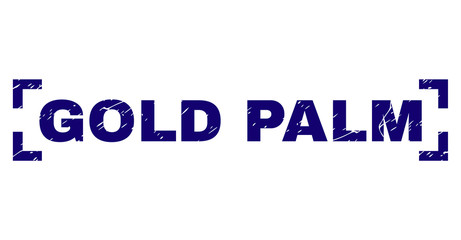 GOLD PALM caption seal watermark with distress texture. Text caption is placed between corners. Blue vector rubber print of GOLD PALM with dust texture.