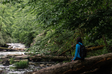 Naklejka premium girl sitting on log by river