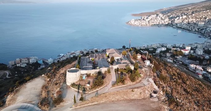 POI Aerial view of Saranda and Lekuresi Castle in Albania.  Beautiful Albanian castle along the Albanian Riviera.