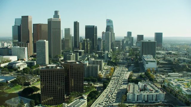 Aerial view of Los Angeles Freeway skyscrapers America