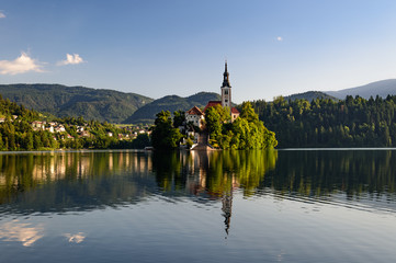 Catholic church situated on an island on Bled