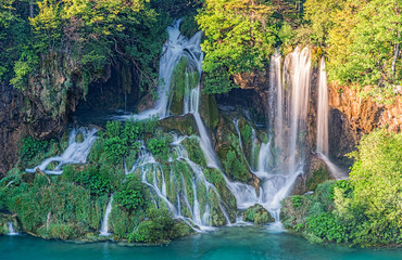 View of Plitvice waterfalls and surrounding forest