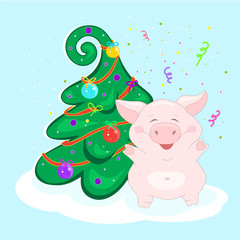 Pig at the Christmas tree. Funny character is happy and blows up a firecracker. Celebratory salute. Happy new year. 2019. Symbol of the year in the Eastern calendar. Balls and garland on the tree. 