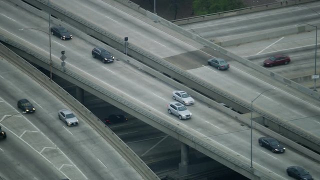 Aerial view vehicle Freeway flyover Los Angeles California