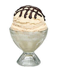 Vanilla ice cream in glass sundae dish bowl isolated on white background with clipping path