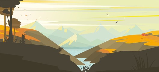 Landscape with hills and river in the evening in vector