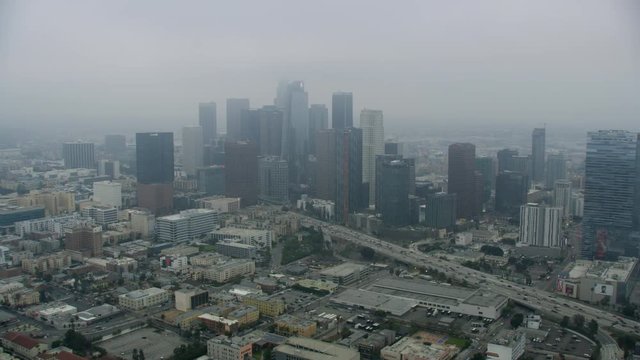 Aerial view Los Angeles city haze skyscrapers California