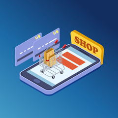 Online shopping, e-commerce isometric vector concept. Mobile shop or store illustration