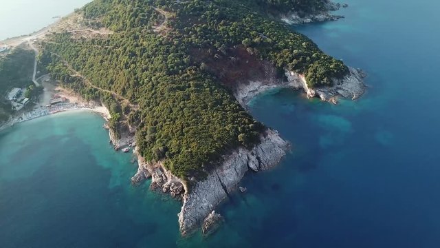 Aerial drone view of Monastery beach and Mirror beach located in Saranda, Albania.  Beautiful beaches along the Albanian Riviera